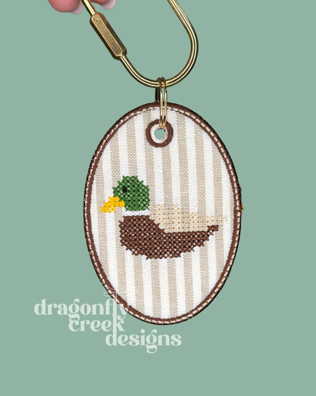 Mallard Duck Cross-Stitched Effect Oval Keychain / Bag Tag