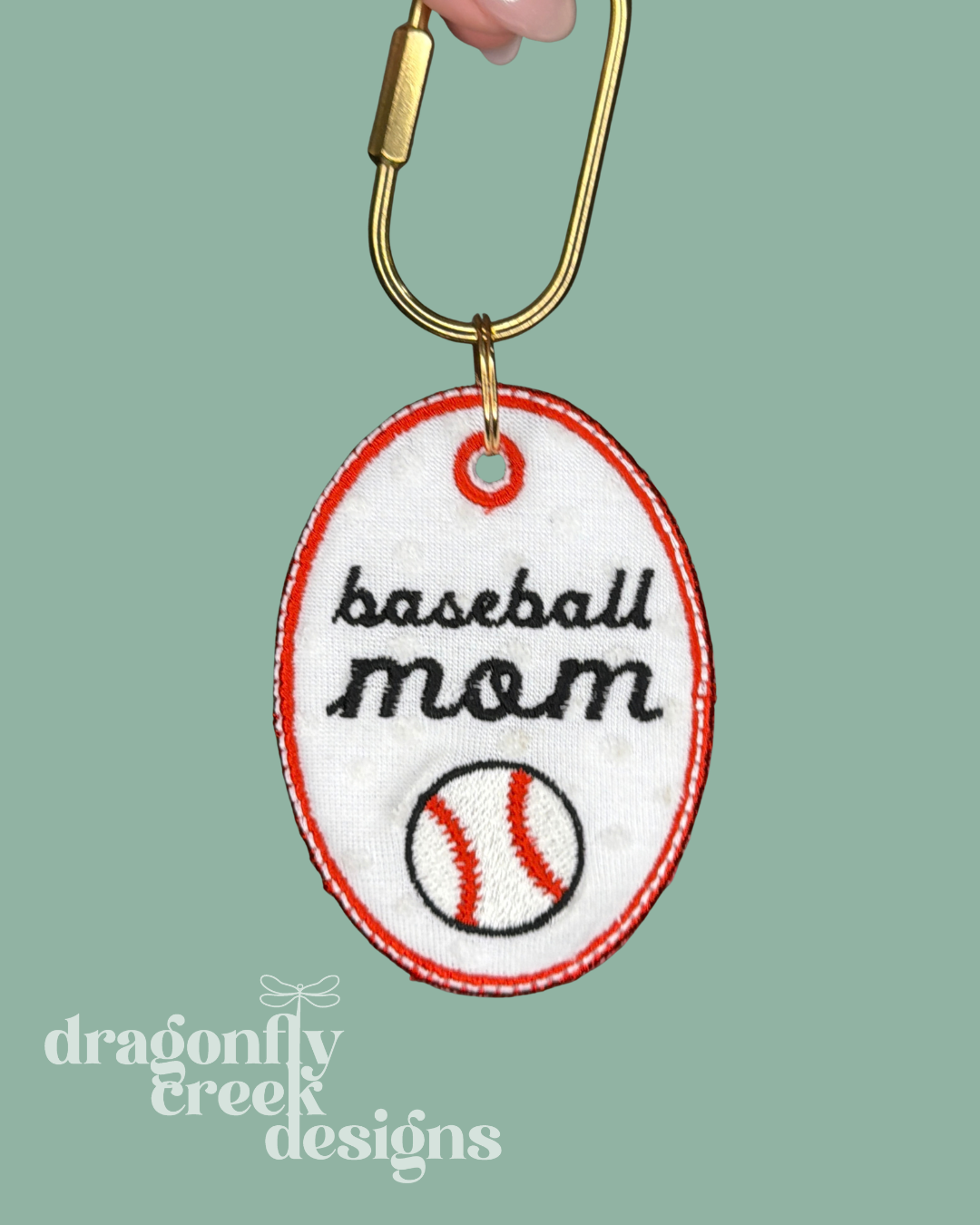 Baseball Mom Embroidered Oval Keychain / Bag Tag